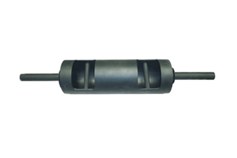 Dark gray steel F-log bar with knurled grip sections and revolving sleeves on white background