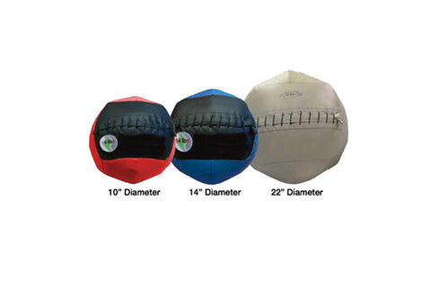 Three Strongman Highland Atlas Balls in red, blue, and tan with black panels and stitching, shown in 10, 14, and 22 inch diam