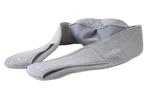 Gray fabric neck massager with quilted design and mesh interior cushions, displayed on white background