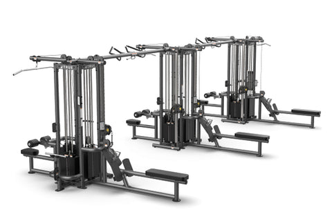 TRUE TMS12000 dual modular strength training frame system with black steel towers, cable crossover attachments, and weight st
