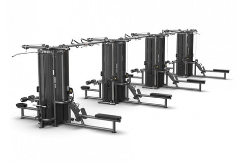 TRUE TMS16000 modular cable crossover station with four black frames, adjustable pulleys, and padded benches on white backgro