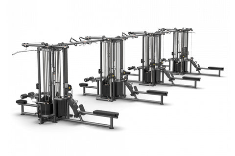 TRUE TMS16000 modular cable crossover station with four black frames, adjustable pulleys, and padded benches on white backgro