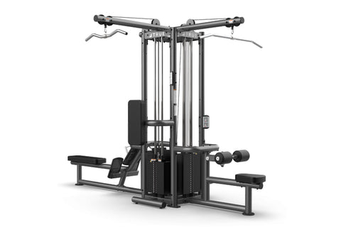 Black TRUE TMS4000 modular gym frame with cable machine, leg press attachment, and curved handles, on white background