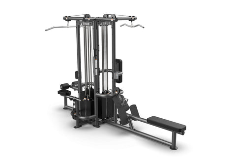 Black TRUE TMS4000 modular gym frame with cable machine, leg press attachment, and curved handles, on white background