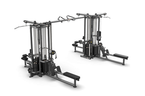 TRUE TMS8000 dual modular frame with cable crossovers, black steel gym equipment with adjustable pulleys and leg press attach
