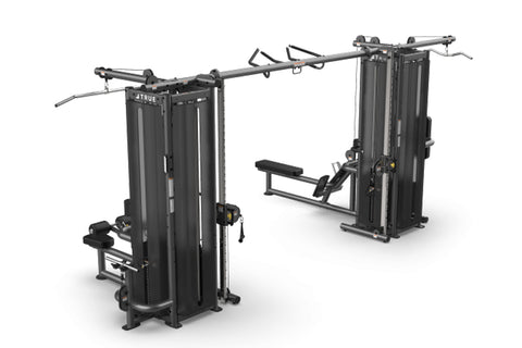 TRUE TMS8000 dual modular frame with cable crossovers, black steel gym equipment with adjustable pulleys and leg press attach
