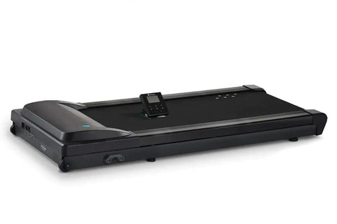 Black under-desk treadmill with digital control panel, black running belt, and gray accents on white background