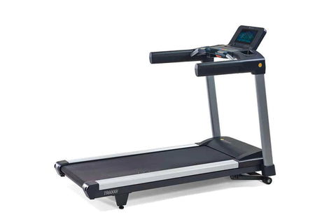 Black and gray light-commercial treadmill with digital display console, cushioned running deck, and sturdy frame on white bac