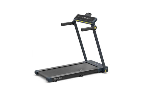 Man running on black LifeSpan TR650 Slim treadmill wearing blue shirt and black shorts, against white background