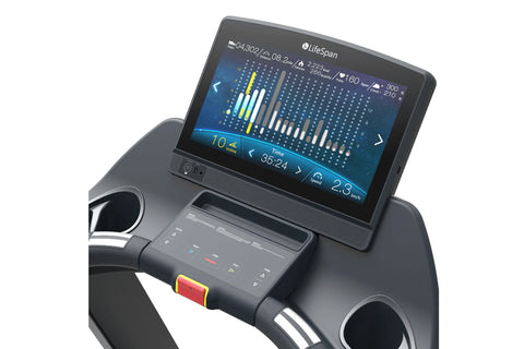 Black LifeSpan TR7000i commercial treadmill with digital display screen, handrails, and cushioned running deck on white backg