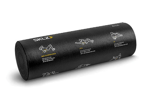 SKLZ black cylindrical foam roller with white instructional diagrams and yellow text on white background