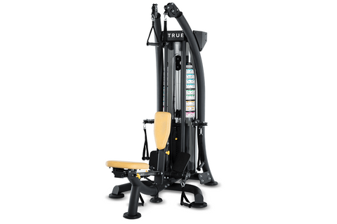True Quickfit black strength training machine with tan seat and back pad, multiple cable pulleys, and weight stack on white b