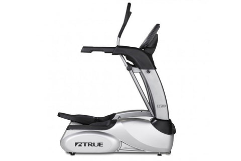 TRUE ES700 elliptical machine with black handles, digital display console, and silver base on white background