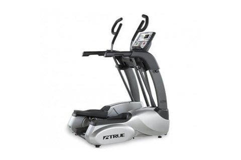 TRUE ES700 elliptical machine with black handles, digital display console, and silver base on white background