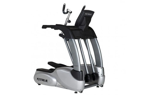 TRUE ES900 elliptical machine with gray and black frame, digital display console, and dual moving handles on white background
