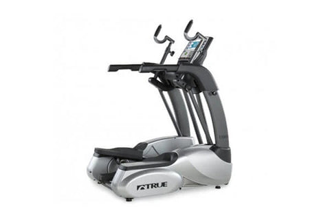 TRUE ES900 elliptical machine with gray and black frame, digital display console, and dual moving handles on white background