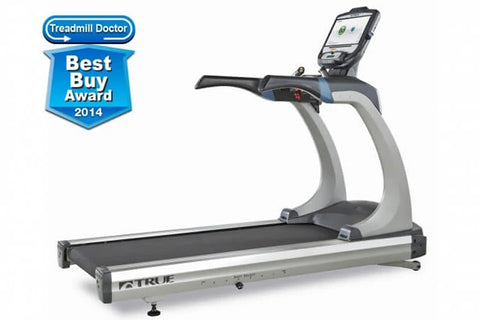TRUE ES900 commercial treadmill with gray frame, black running belt, digital console, and sold banner overlay