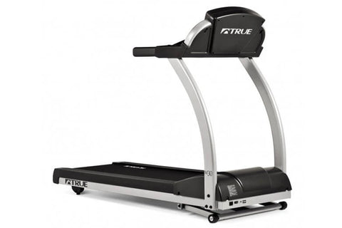 TRUE M30 treadmill with black running deck, silver frame, and digital console display on white background
