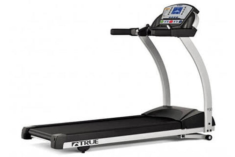 TRUE M30 treadmill with black running deck, silver frame, and digital console display on white background