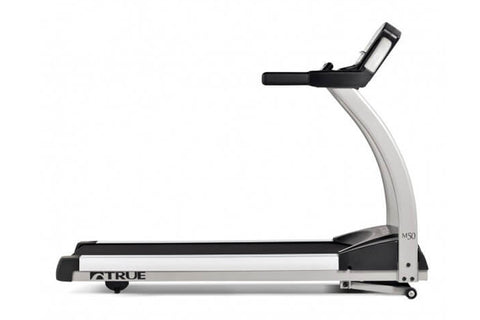 TRUE M50 treadmill with black running belt, white frame, digital console, and dual handrails on white background