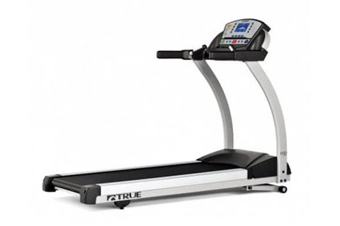 TRUE M50 treadmill with black running belt, white frame, digital console, and dual handrails on white background