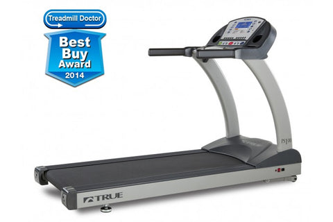 True Performance 100 treadmill with gray frame, black running deck, and blue digital display console on white background