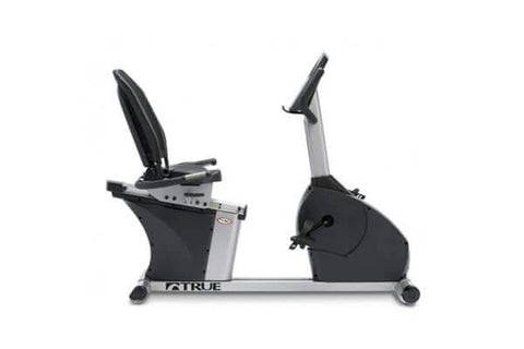 True Performance 50 recumbent exercise bike with black and silver frame, adjustable seat, and digital console on white backgr