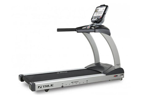 True PS825 treadmill with black running deck, silver frame, and digital touchscreen display mounted on console