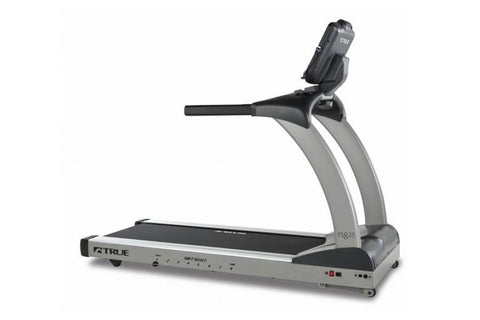 True PS825 treadmill with black running deck, silver frame, and digital touchscreen display mounted on console