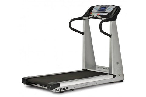 True Z5.0 treadmill with black belt and gray frame, blue digital console display, and black handles on white background