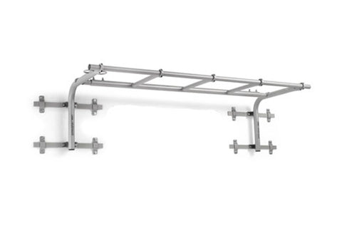 Silver aluminum ladder rack system with overhead crossbars and vertical mounting brackets, displayed on white background
