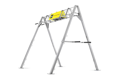 Gray steel swing frame with yellow seat and black safety handles on white background