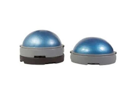 Two blue hemisphere balance trainers with gray and black base rings, shown in different sizes on white background
