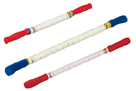 Four textured muscle roller sticks with cream center and red or blue foam handles, displayed on white background