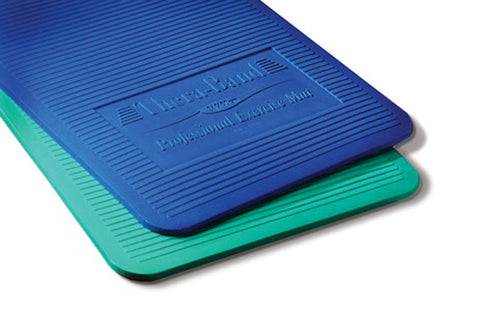 Two stacked foam exercise mats, blue on top and teal green on bottom, with textured ridged surface and embossed branding