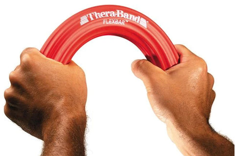 Red Theraband Flexbar resistance bar held by hands on white background