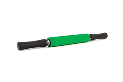 Theraband massage roller with green foam barrel and black textured grip handles on white background