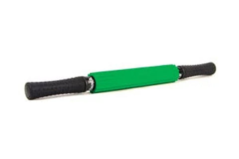 Theraband Massage Roller+ with green foam body and black textured handles on white background