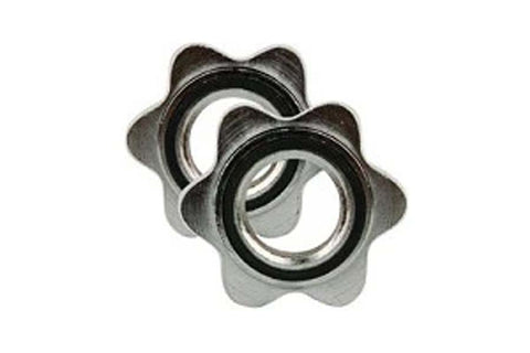 Pair of black and gray threaded star-shaped collars with circular openings on white background
