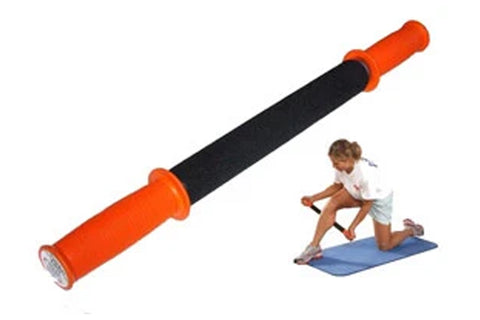 Warrior Tiger Tail Muscle Massager with orange handles and black foam roller, shown with child using on blue mat