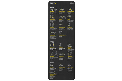 Black SKLZ exercise mat with yellow text and illustrated workout exercises, partially rolled, on white background