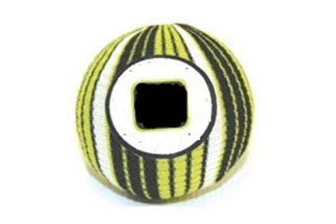 Trigger Point Massage Ball with yellow and black vertical stripes, white and gray center target design on white background
