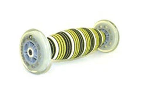 Trigger Point QuadBaller massage roller with yellow and black striped foam core, translucent end caps, and blue interior whee