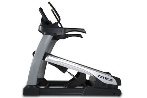 TRUE Alpine Runner treadmill with gray and black frame, black dual handlebars, and silver accents on white background