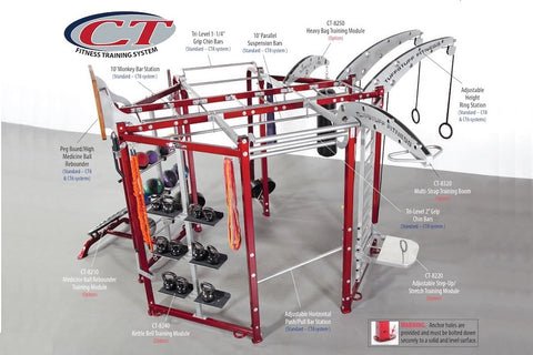 TuffStuff CT8 red and silver multi-station fitness training system with labeled equipment modules including monkey bars, pull