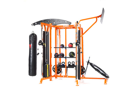 Red metal multi-functional fitness training system with black trampoline, suspended storage shelves holding medicine balls, r