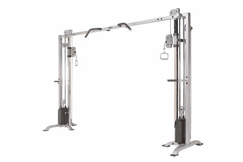Silver and black cable crossover pulley machine with dual weight stacks and adjustable pulleys on white background