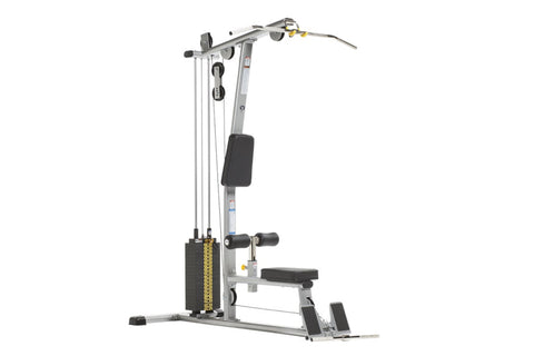 TuffStuff Evolution Lat Pulldown and Low Row Combo machine with silver frame, black padding, and yellow accents, shown on whi