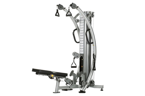 TuffStuff Six-Pak Functional Trainer silver and black multi-station gym equipment with cable pulleys and handles on white bac