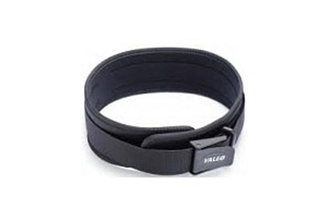 Black nylon weight belt with adjustable buckle closure and Valeo branding on white background